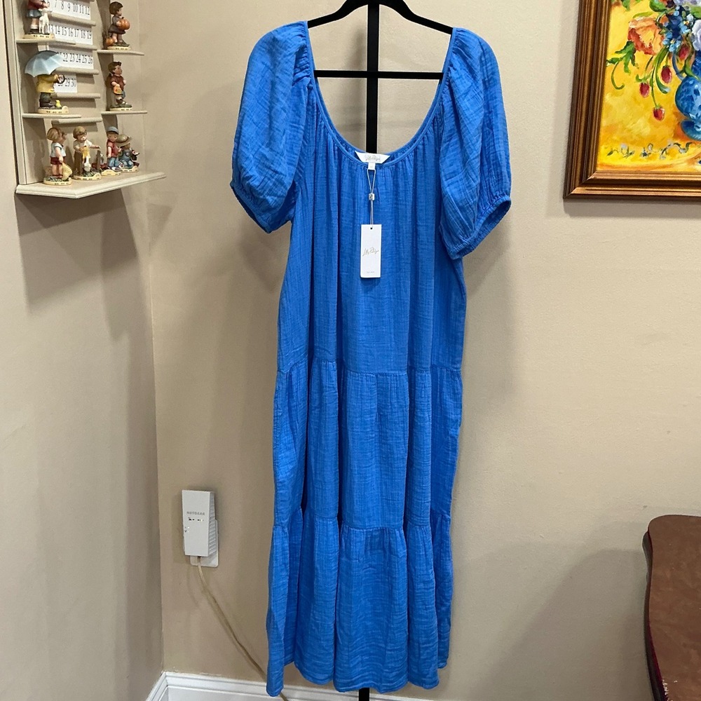 Lilly Pulitzer Zemini Maxi Coverup XL Blue Cotton Gauze Tiered Puff Sleeve Dress